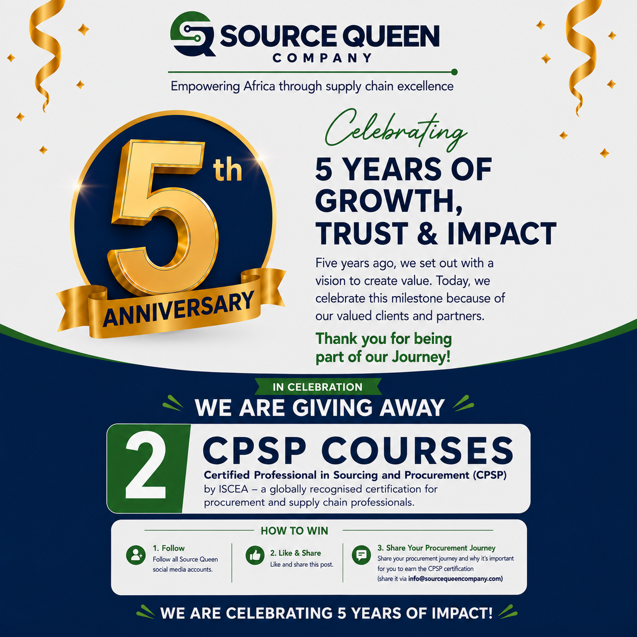 SOURCE QUEEN COMPANY IS CELEBRATING 5 YEARS OF IMPACT! WE ARE GIVING AWAY 2 FREE CPSP COURSES.